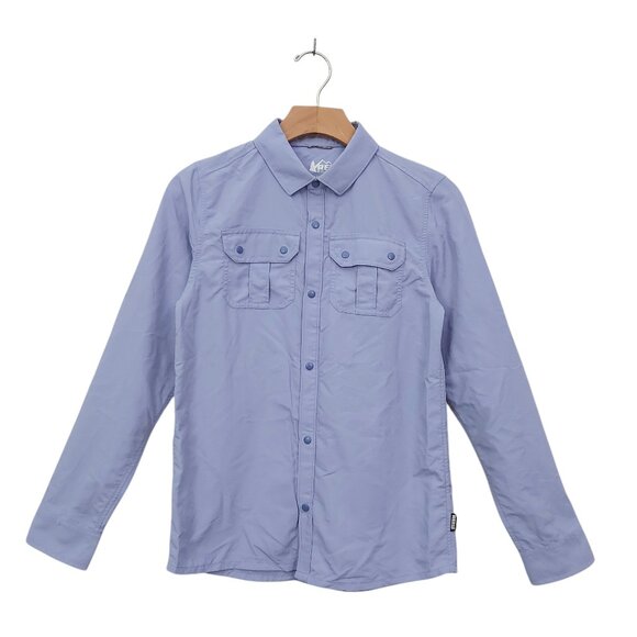 Rei-coop Ripstop Shirt Kids 14-16 Blue Roll Tab Sleeve Snaps Outdoor Hiking - Picture 1 of 12